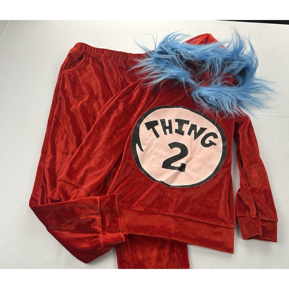 Thing 2 Kids Costume 6-7T Red Plush Hoodie Pants Blue Fur Dr Seuss Inspired